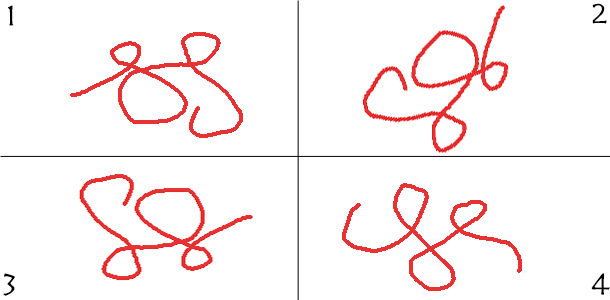 Drei Bilder zeigen die gleiche Linie, nur gespiegelt oder verdreht. Welche Linie ist anders?