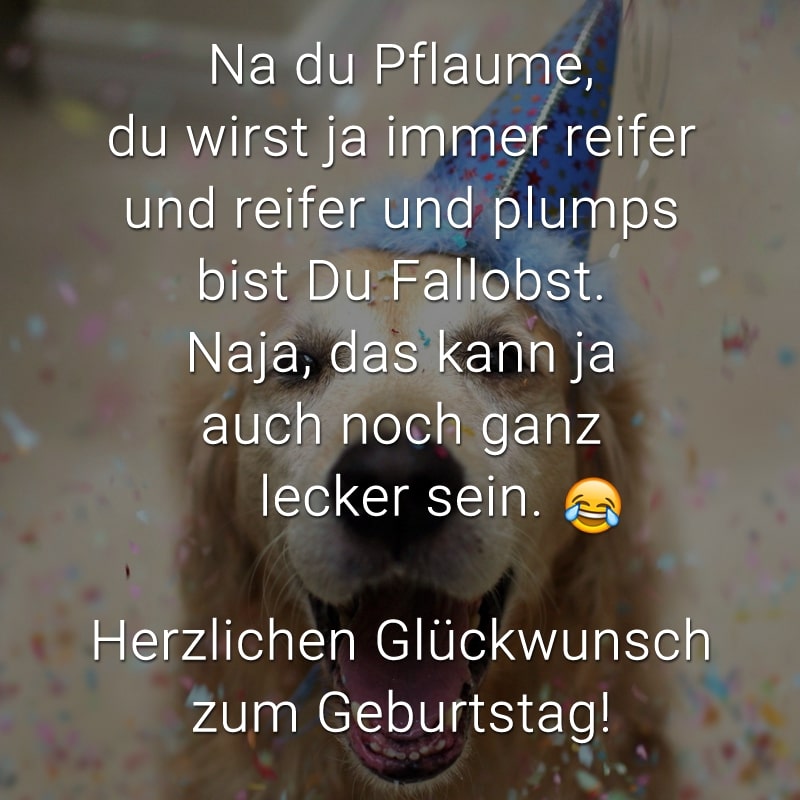 Na du Pflaume, du wirst ja immer reifer und reifer und plumps bist Du Fallobst. Naja, das kann ja auch noch ganz lecker sein. Herzlichen Glückwunsch zum Geburtstag!