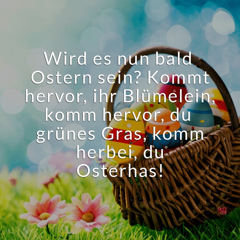 Wird es nun bald Ostern sein?
Kommt hervor, ihr Blümelein,
komm hervor, du grünes Gras,
komm herbei, du Osterhas!