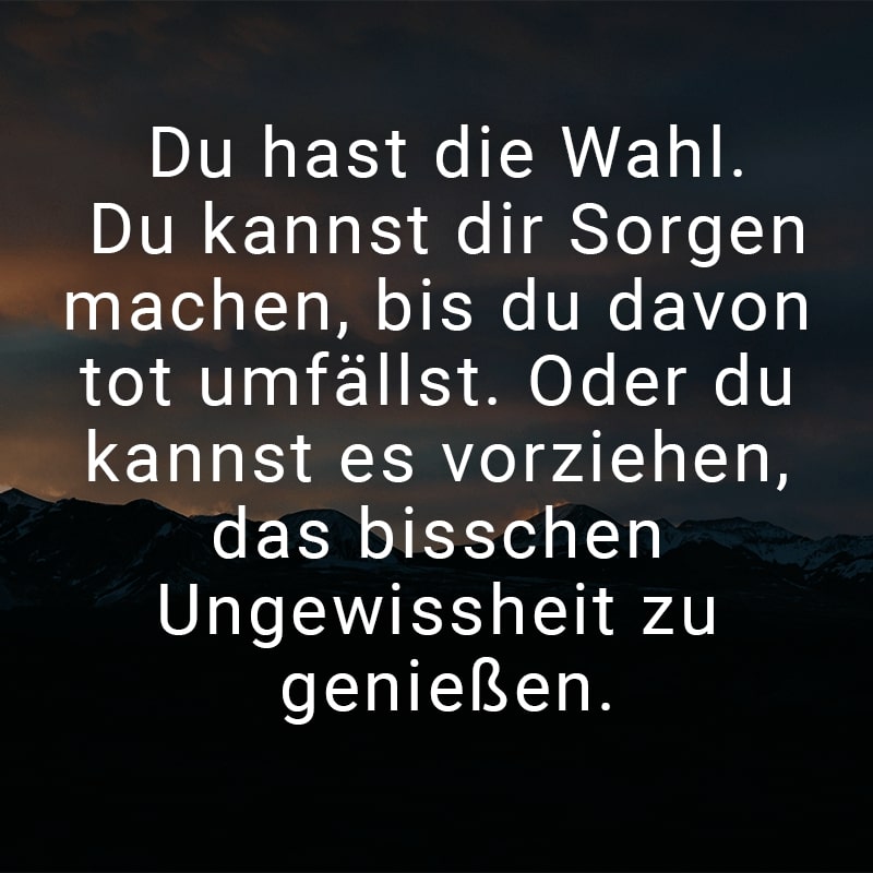 Du hast die Wahl. Du kannst dir Sorgen machen, bis du davon tot umfällst. Oder du kannst es vorziehen, das bisschen Ungewissheit zu genießen.