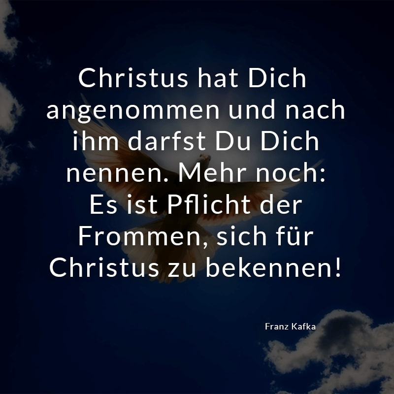 Christus hat Dich angenommen
und nach ihm darfst Du Dich nennen.
Mehr noch: Es ist Pflicht der Frommen,
sich für Christus zu bekennen!
(Franz Kafka)