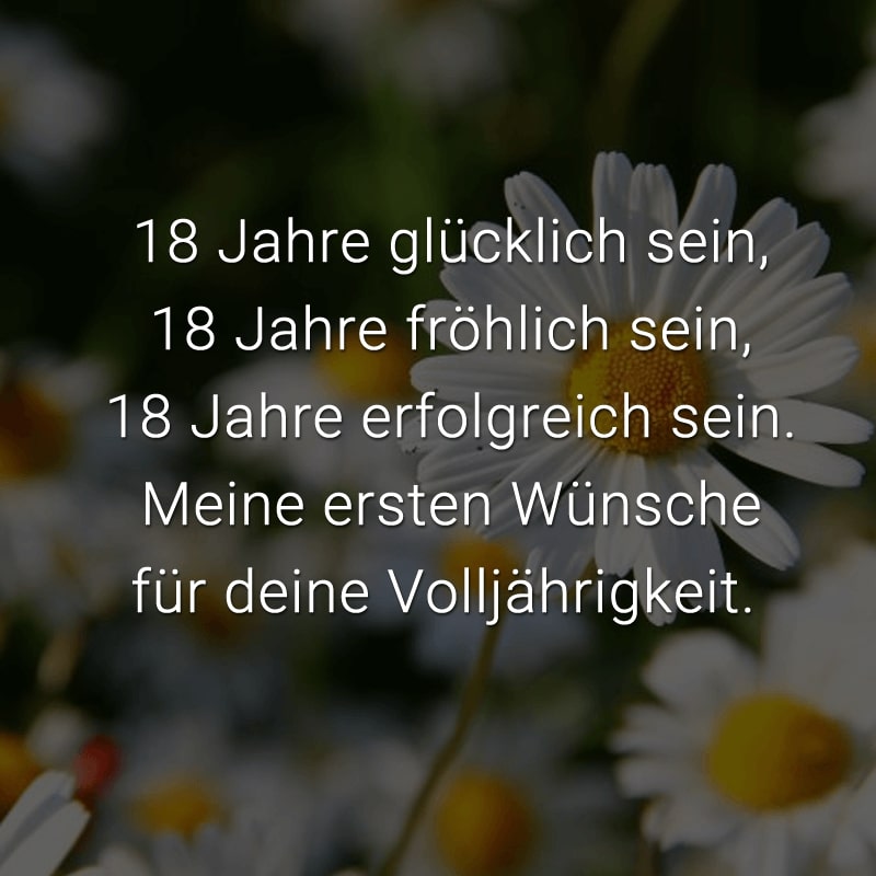 18 Jahre glücklich sein, 18 Jahre fröhlich sein, 18 Jahre erfolgreich sein. Meine ersten Wünsche für deine Volljährigkeit.