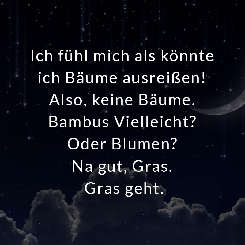 Ich fühl mich als könnte ich Bäume ausreißen! Also, keine Bäume. Bambus Vielleicht? Oder Blumen? Na gut, Gras. Gras geht.