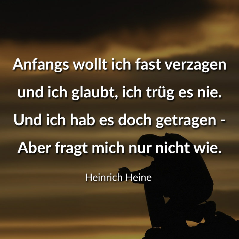 Anfangs wollt ich fast verzagen und ich glaubt, ich trüg es nie. Und ich hab es doch getragen - Aber fragt mich nur nicht wie.
(Heinrich Heine)