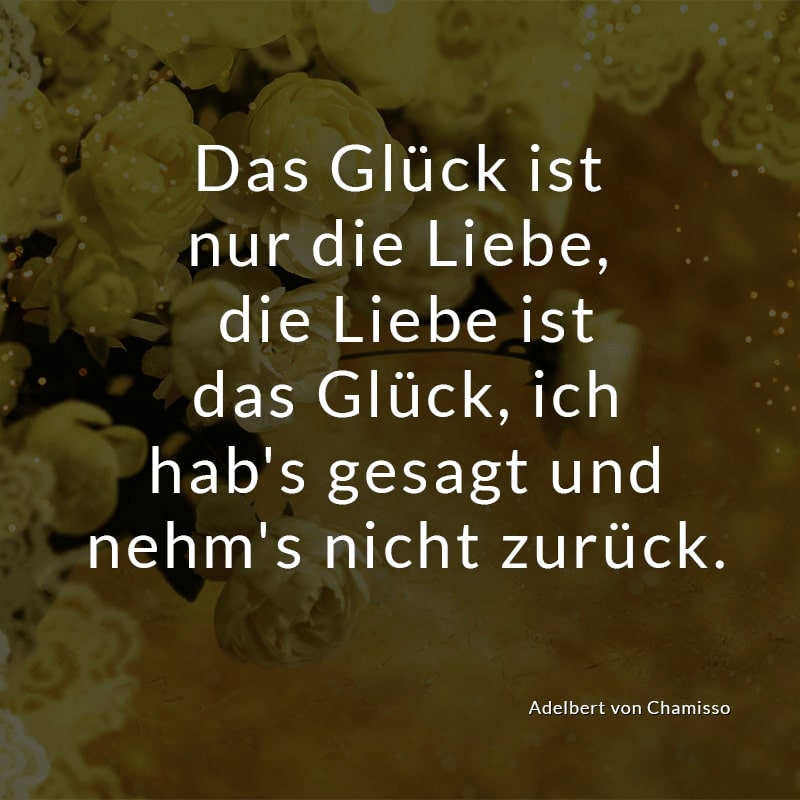 Das Glück ist nur die Liebe, die Liebe ist das Glück, ich hab's gesagt und nehm's nicht zurück.
(Adelbert von Chamisso)