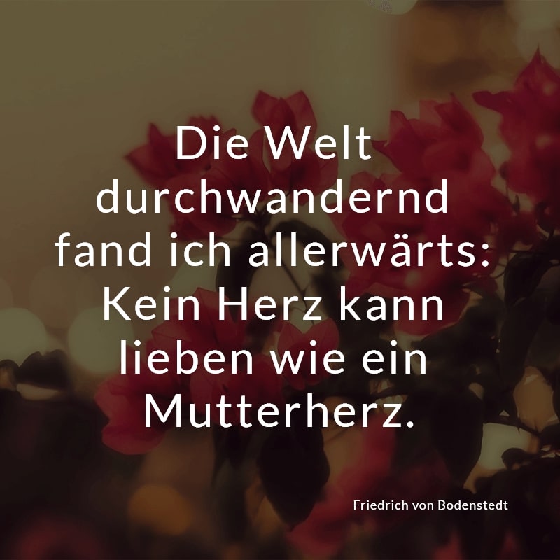 Die Welt durchwandernd fand ich allerwärts: Kein Herz kann lieben wie ein Mutterherz.
(Friedrich von Bodenstedt)