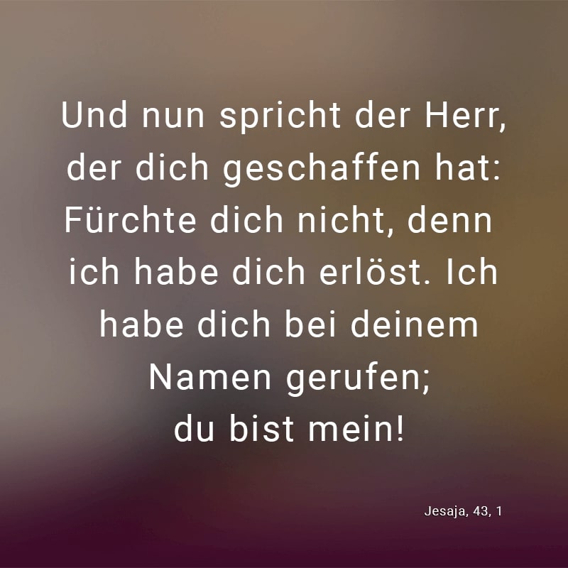 Und nun spricht der Herr, der dich geschaffen hat: Fürchte dich nicht, denn ich habe dich erlöst. Ich habe dich bei deinem Namen gerufen; du bist mein!
(Jesaja, 43, 1)