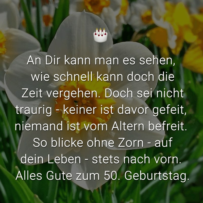 An Dir kann man es sehen, 
wie schnell kann doch die Zeit vergehen. 
Doch sei nicht traurig - keiner ist davor gefeit, 
niemand ist vom Altern befreit. 
So blicke ohne Zorn - auf dein Leben - stets nach vorn. 
Alles Gute zum 50. Geburtstag.