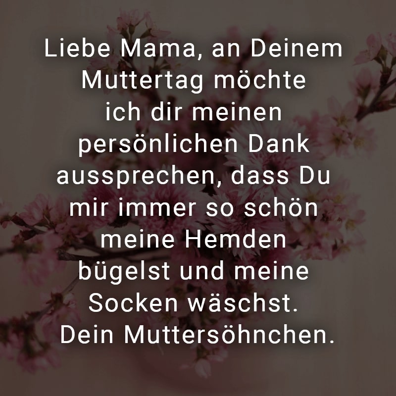 Liebe Mama, an Deinem Muttertag möchte ich dir meinen persönlichen Dank aussprechen, dass Du mir immer so schön meine Hemden bügelst und meine Socken wäschst. Dein Muttersöhnchen.