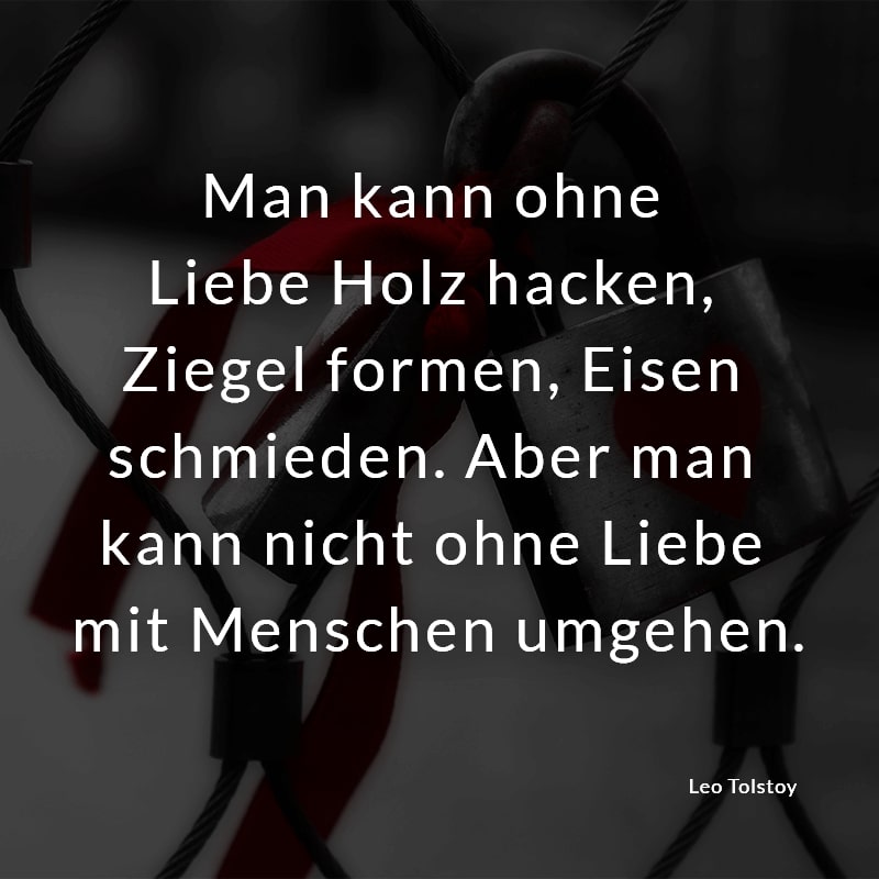 Man kann ohne Liebe Holz hacken, Ziegel formen, Eisen schmieden.
Aber man kann nicht ohne Liebe mit Menschen umgehen.
(Leo Tolstoy)