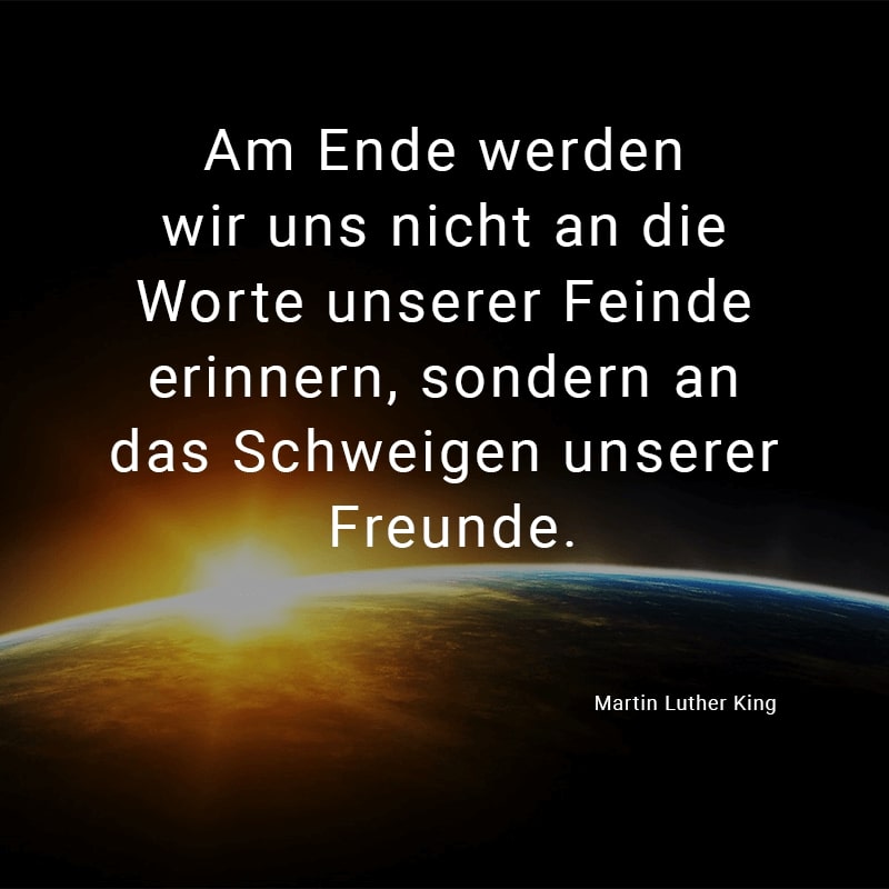 Am Ende werden wir uns nicht an die Worte unserer Feinde erinnern, sondern an das Schweigen unserer Freunde.
(Martin Luther King)