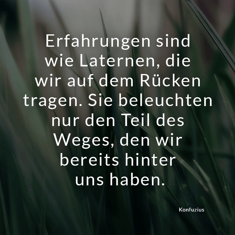 Erfahrungen sind wie Laternen, die wir auf dem Rücken tragen. Sie beleuchten nur den Teil des Weges, den wir bereits hinter uns haben.
(Konfuzius)