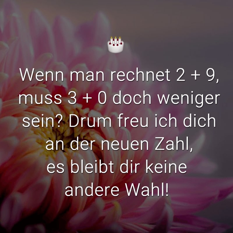 Wenn man rechnet 2 + 9, muss 3 + 0 doch weniger sein? Drum freu ich dich an der neuen Zahl, es bleibt dir keine andere Wahl!