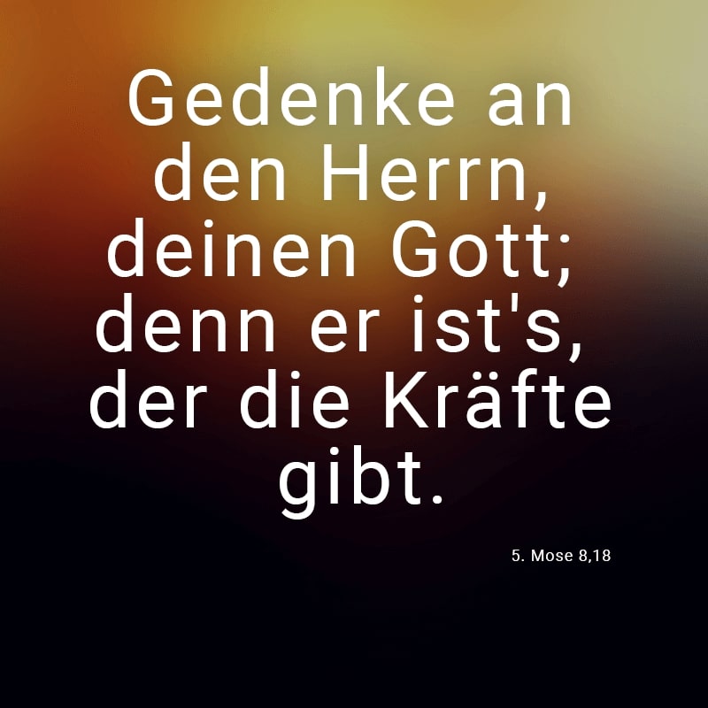 Gedenke an den Herrn, deinen Gott; denn er ist's, der die Kräfte gibt.
(5. Mose 8,18)