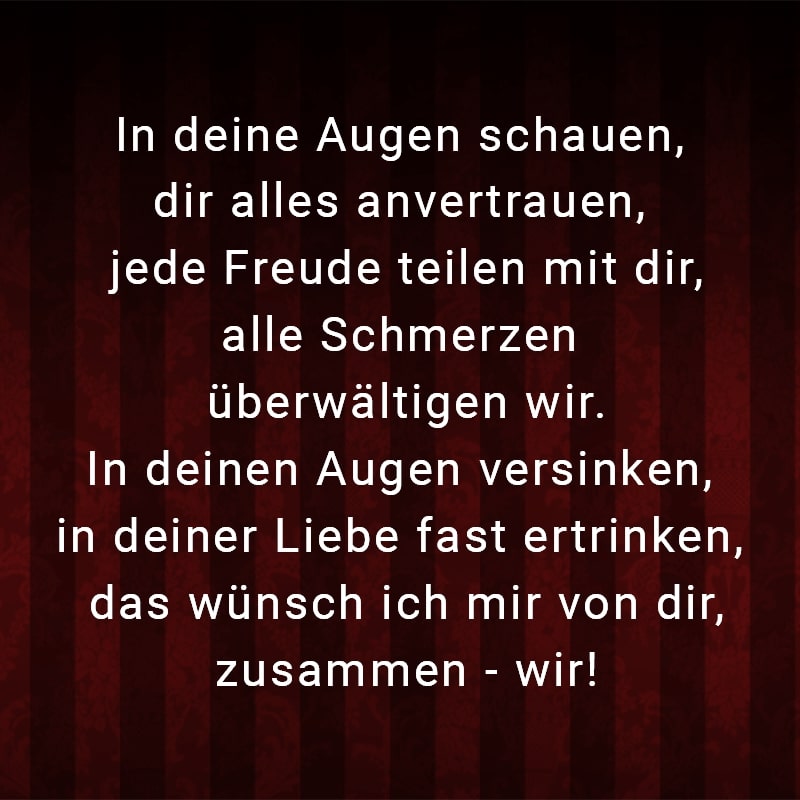 In deine Augen schauen, dir alles anvertrauen, jede Freude teilen mit dir, alle Schmerzen überwältigen wir. In deinen Augen versinken, in deiner Liebe fast ertrinken, das wünsch ich mir von dir, zusammen - wir!