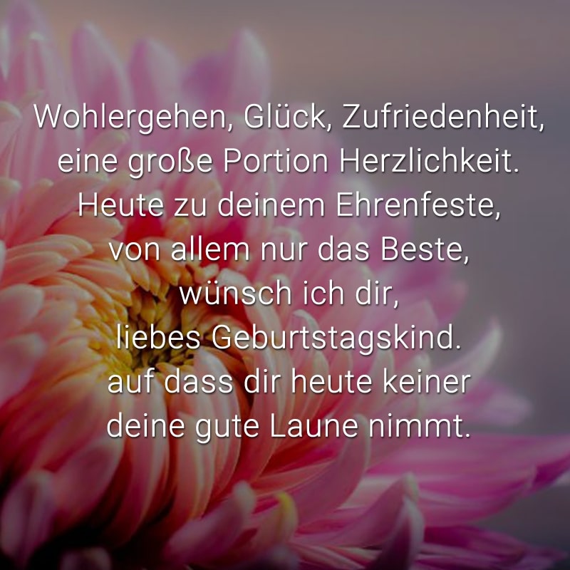 Wohlergehen, Glück, Zufriedenheit,
eine große Portion Herzlichkeit.
Heute zu deinem Ehrenfeste,
von allem nur das Beste,
wünsch ich dir, liebes Geburtstagskind.
auf dass dir heute keiner deine gute Laune nimmt.