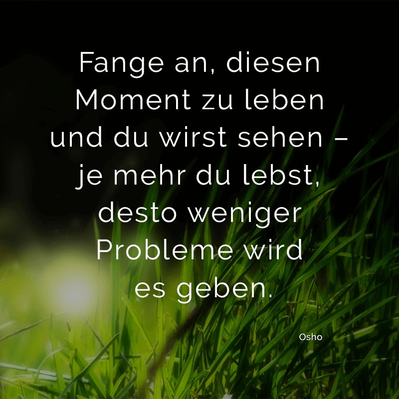 Fange an, diesen Moment zu leben und du wirst sehen – je mehr du lebst, desto weniger Probleme wird es geben.
(Osho)