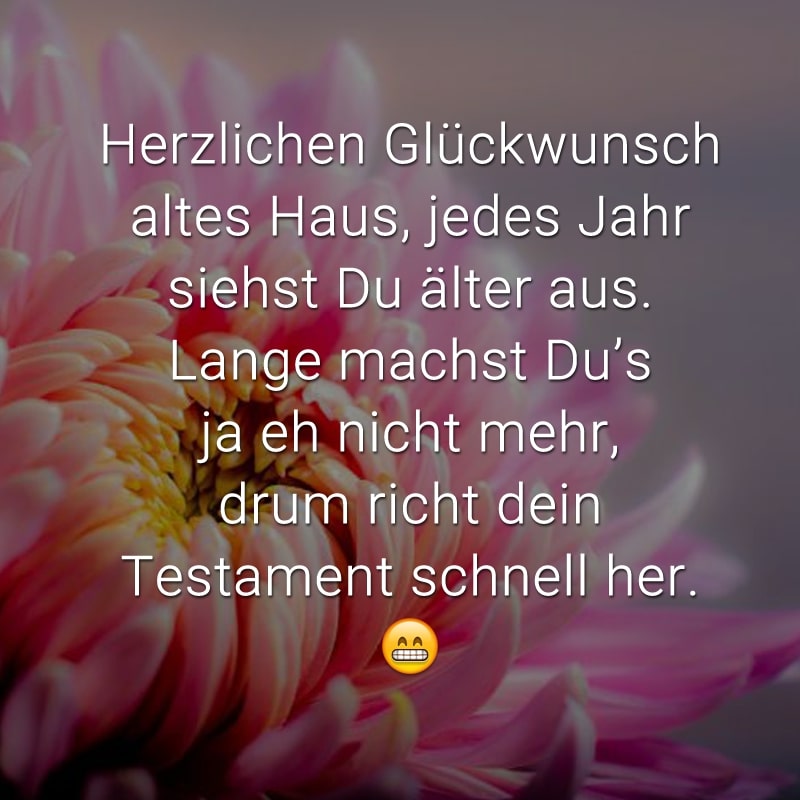 Herzlichen Glückwunsch altes Haus,
jedes Jahr siehst Du älter aus.
Lange machst Du's ja eh nicht mehr,
drum richt dein Testament schnell her.