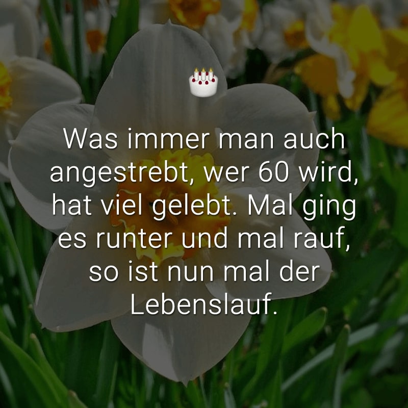 Was immer man auch angestrebt,
wer 60 wird, hat viel gelebt.
Mal ging es runter und mal rauf,
so ist nun mal der Lebenslauf.