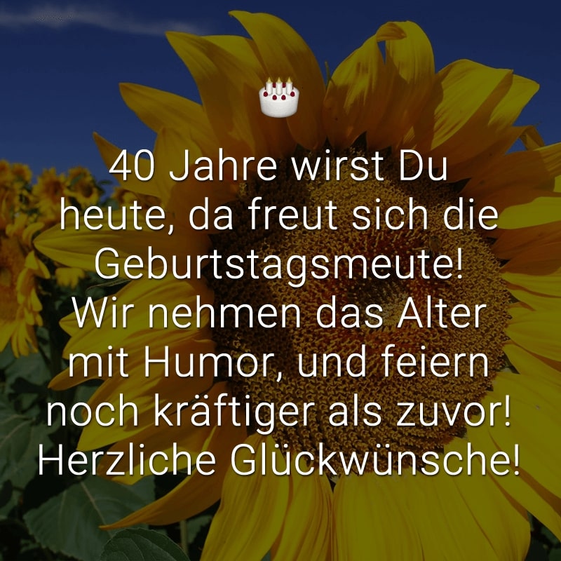 40 Jahre wirst Du heute, da freut sich die Geburtstagsmeute! Wir nehmen das Alter mit Humor, und feiern noch kräftiger als zuvor! Herzliche Glückwünsche!