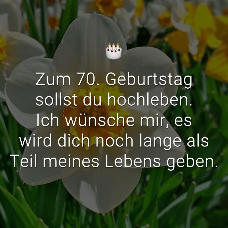 Zum 70. Geburtstag sollst du hochleben.
Ich wünsche mir, es wird dich noch
lange als Teil meines Lebens geben.