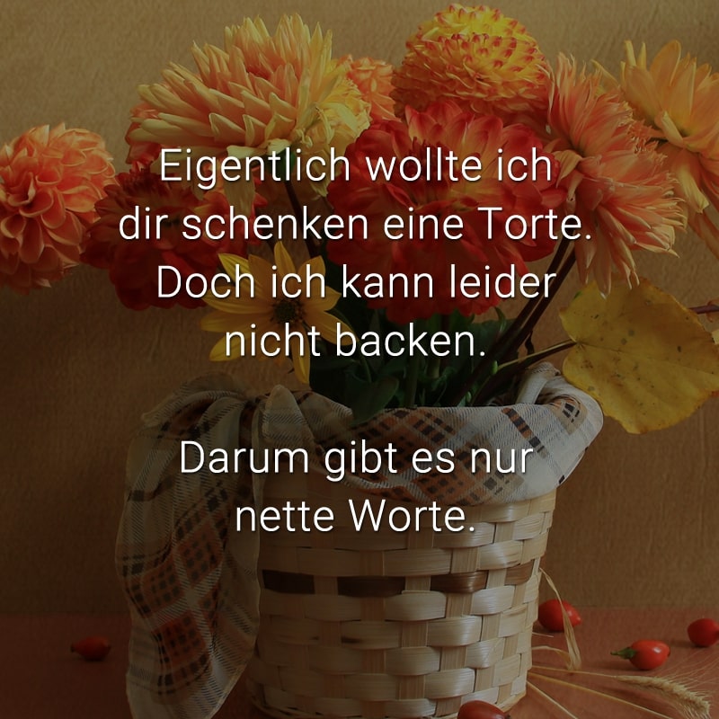 Eigentlich wollte ich dir schenken eine Torte. Doch ich kann leider nicht backen. Darum gibt es nur nette Worte.