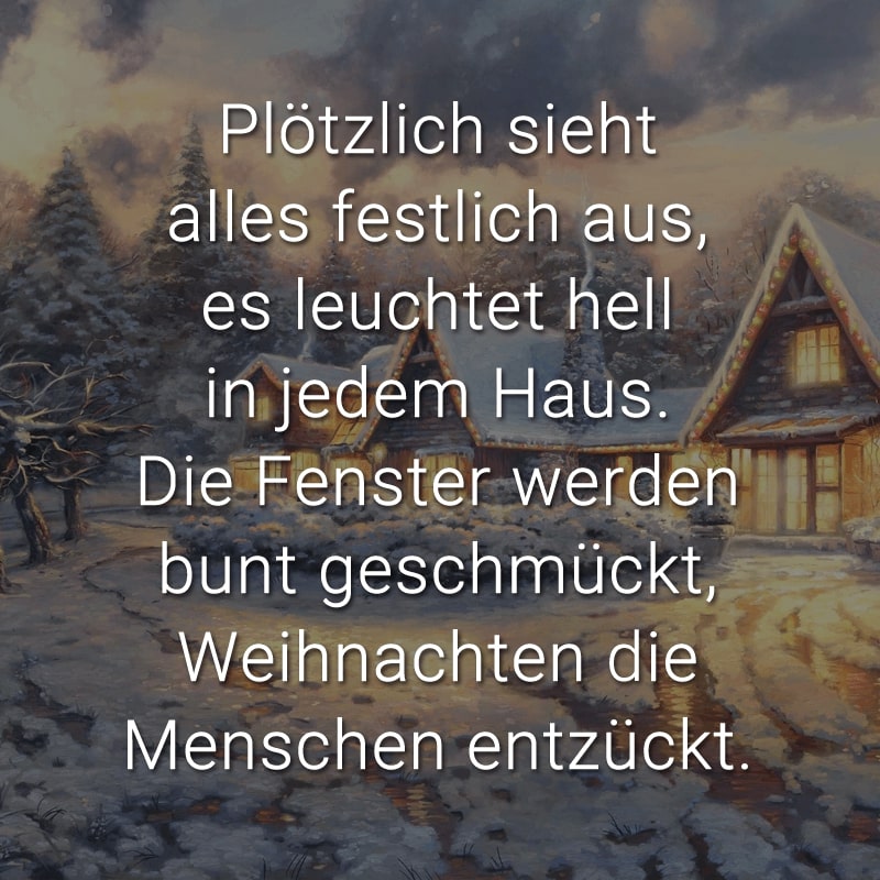 Plötzlich sieht alles festlich aus, es leuchtet hell in jedem Haus. Die Fenster werden bunt geschmückt, Weihnachten die Menschen entzückt.