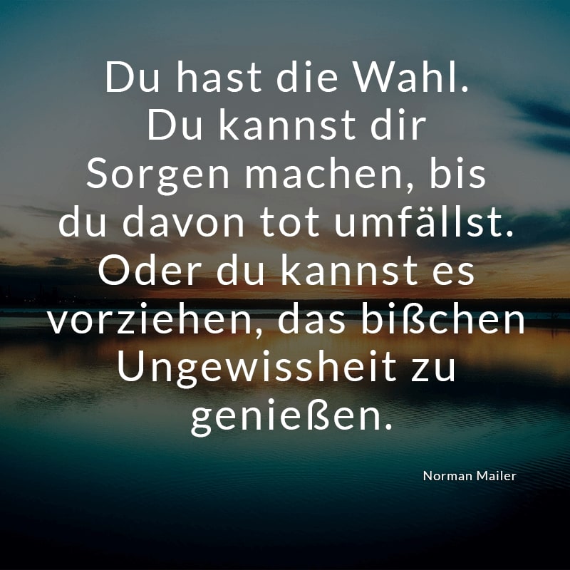 Du hast die Wahl. Du kannst dir Sorgen machen, bis du davon tot umfällst. Oder du kannst es vorziehen, das bißchen Ungewissheit zu genießen.
(Norman Mailer)