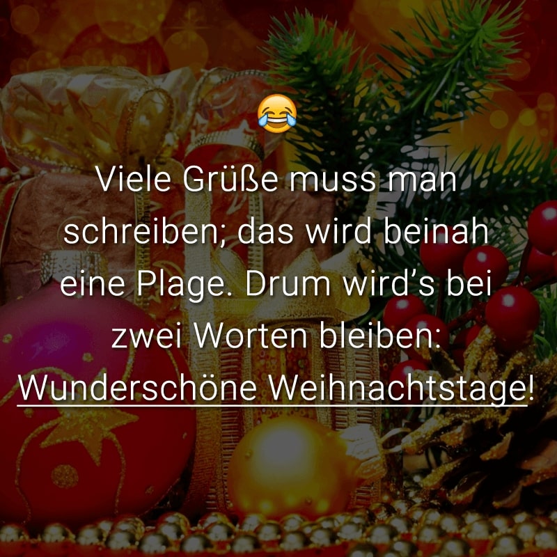 Viele Grüße muss man schreiben; das wird beinah eine Plage. Drum wird's bei zwei Worten bleiben: Wunderschöne Weihnachtstage!