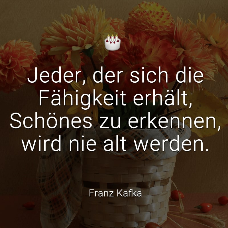 Jeder, der sich die Fähigkeit erhält, Schönes zu erkennen, wird nie alt werden.
(Franz Kafka)