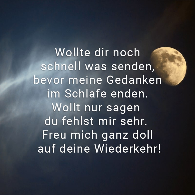 Wollte dir noch schnell was senden, 
bevor meine Gedanken im Schlafe enden. 
Wollt nur sagen du fehlst mir sehr. 
Freu mich ganz doll auf deine Wiederkehr!