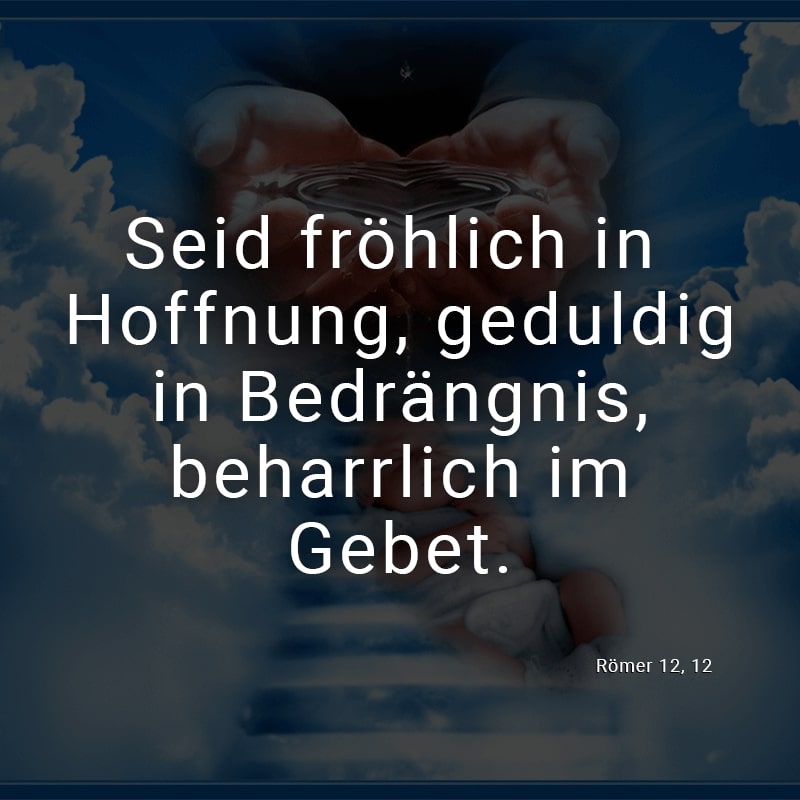 Seid fröhlich in Hoffnung, geduldig in Bedrängnis, beharrlich im Gebet.
(Römer 12, 12)